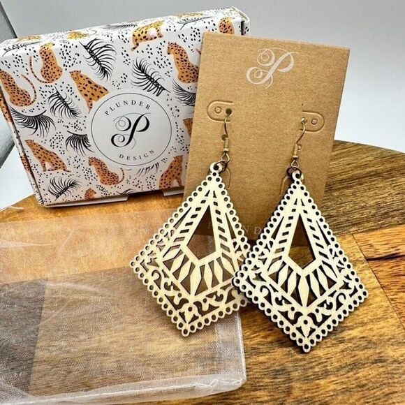 Plunder Jewelry Daylan Earrings Geometric Wood Cutout Design Moroccan Boho Gypsy - Picture 1 of 4